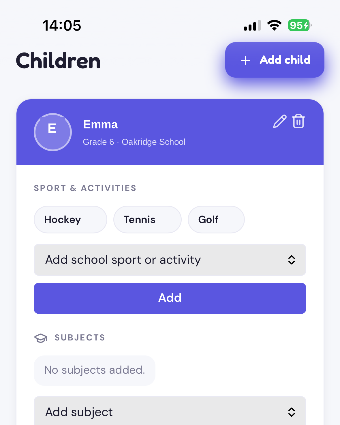 Child profile card showing Emma's saved family information